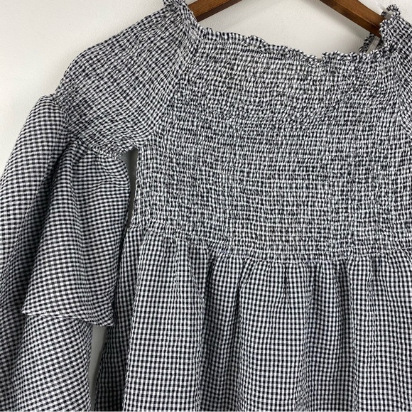 Lost In Lunar Medium Women’s Black White Gingham Smock Off Shoulder Blouse - Picture 2 of 7